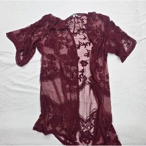 Women's She & Sky Red Floral Stitched Sheer Cardigan Size M/L